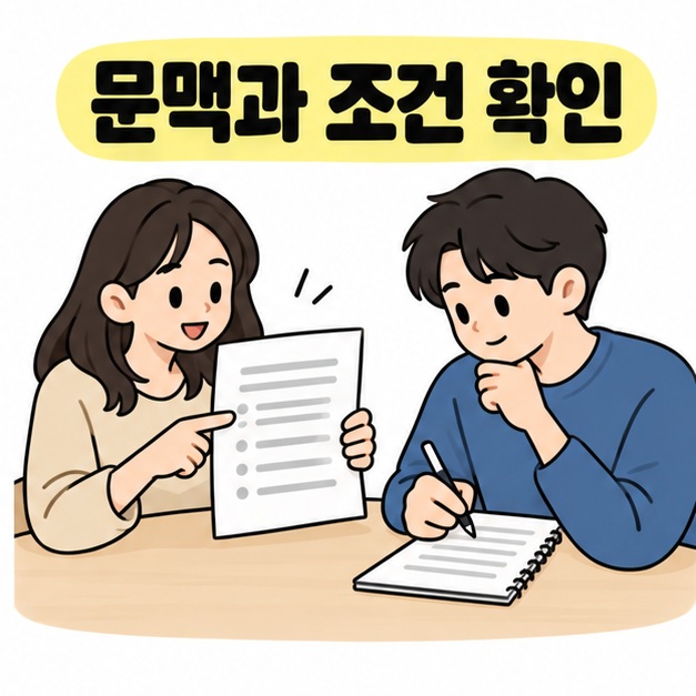 여성이 안내 문서의 항목을 짚고 남성이 노트에 메모하며 의뢰 조건을 확인하는 모습