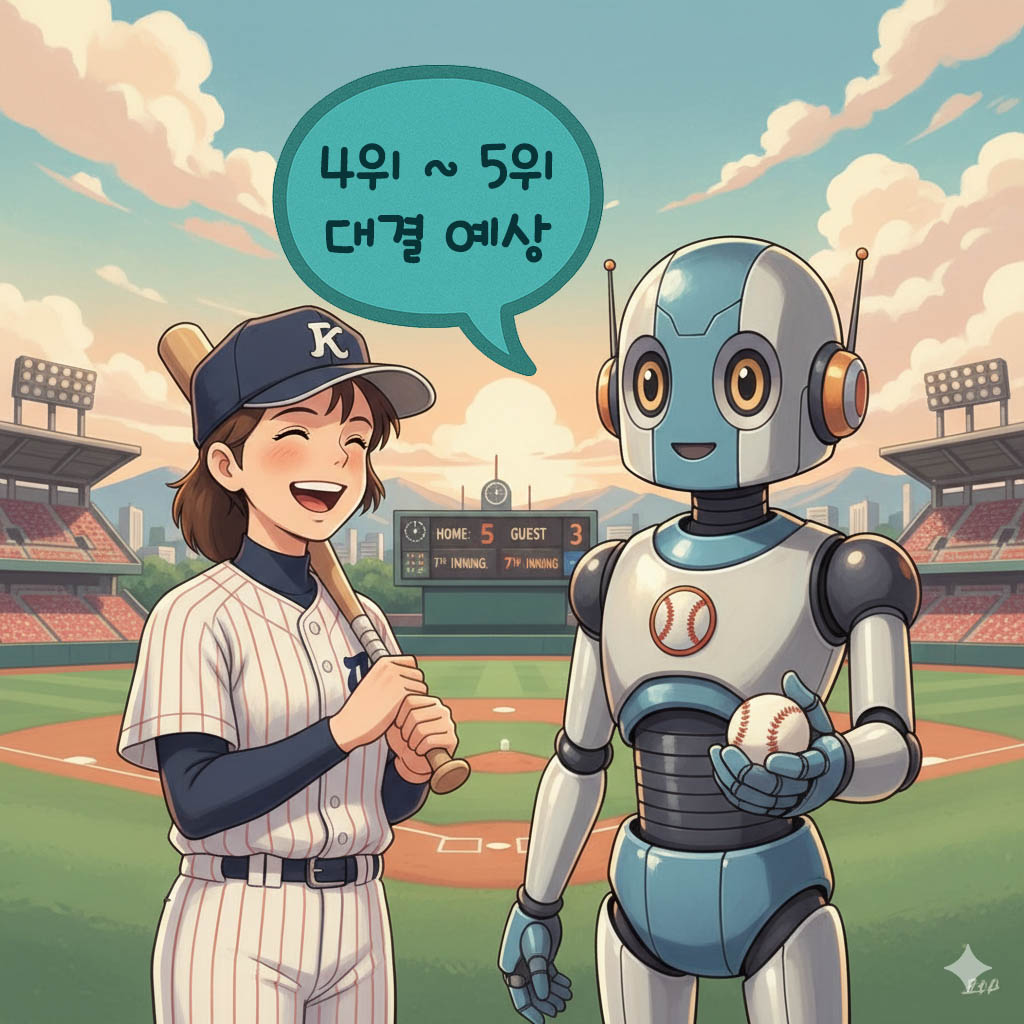 &amp;quot;야구 유니폼을 입은 선수가 로봇과 함께 야구장을 배경으로 서 있는 지브리풍 일러스트. 선수는 방망이를 들고 웃고 있으며&amp;#44; 로봇은 야구공을 들고 있다. 배경 전광판에는 점수가 표시되어 있고&amp;#44; 말풍선에는 &amp;#39;4위 ~ 5위 대결 예상&amp;#39;이라는 문구가 적혀 있다.&amp;quot;