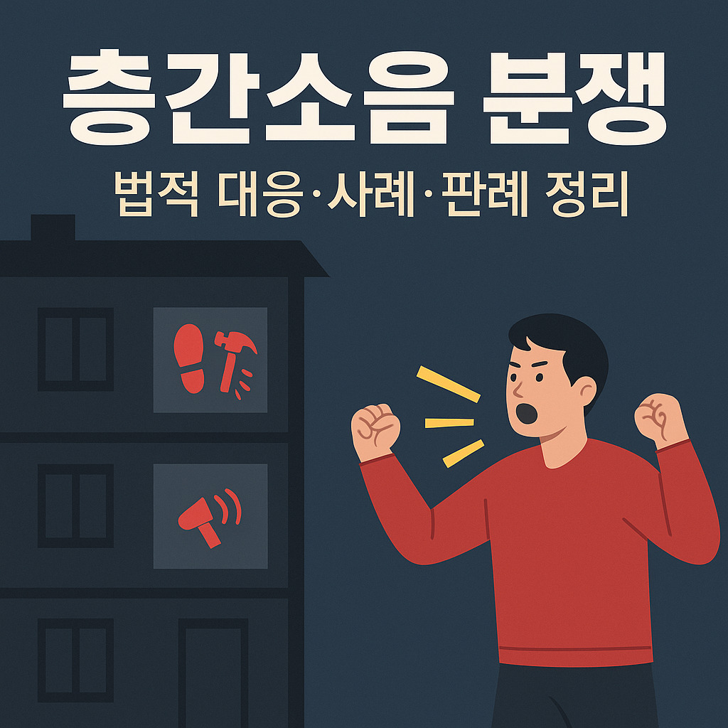 층간소음 분쟁의 법적 대응과 사례, 판례를 강조한 인포그래픽 이미지로, 아파트 단면, 위층 소음, 아래층 항의 장면이 포함되어 있습니다