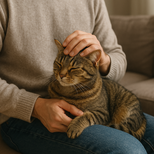 무릎 위에 앉은 반려묘를 부드럽게 쓰다듬는 집사 모습
