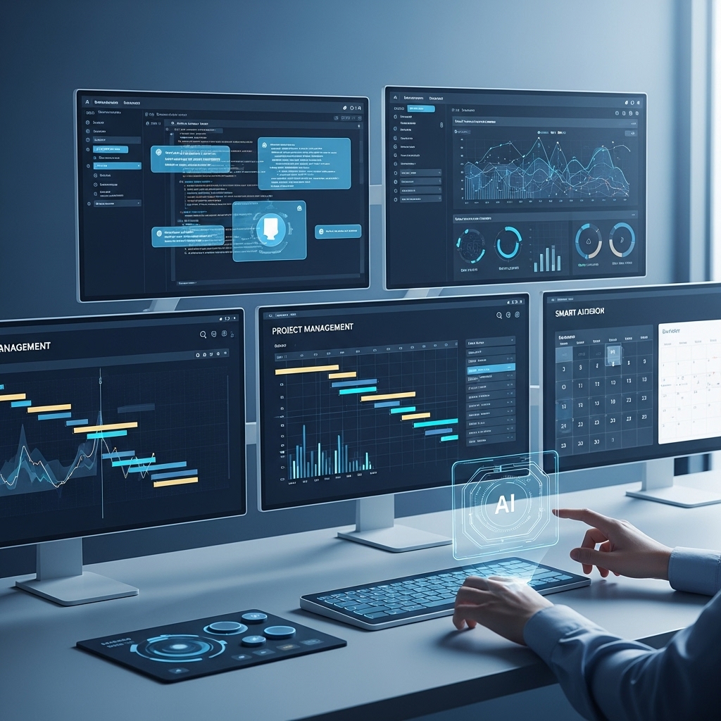 2025년 미래형 사무실에서 사람이 AI 툴 인터페이스와 상호작용하며 효율적으로 업무하는 모습