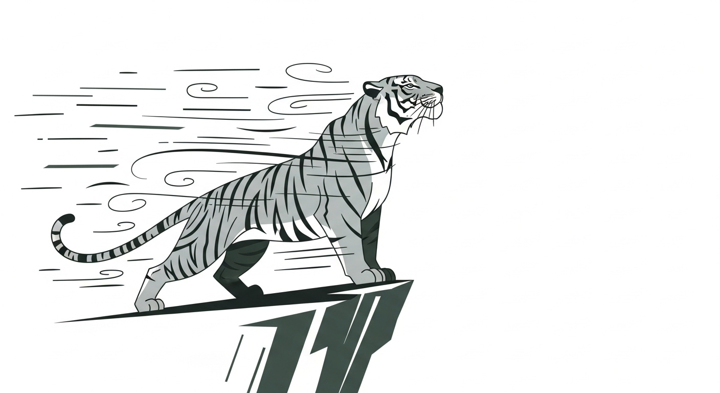 절벽 위에서 거센 바람을 맞으면서도 꿋꿋하게 서 있는 강인한 호랑이 캐릭터 벡터 이미지