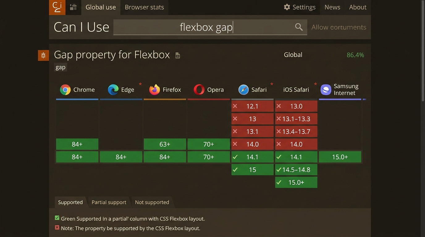 Can I Use 웹사이트에서 Flexbox의 gap 속성을 검색했을 때, 사파리(Safari) 14.1 미만 버전이 붉은색(지원 안 함)으로 표시되어 있는 호환성 표 캡처 이미지