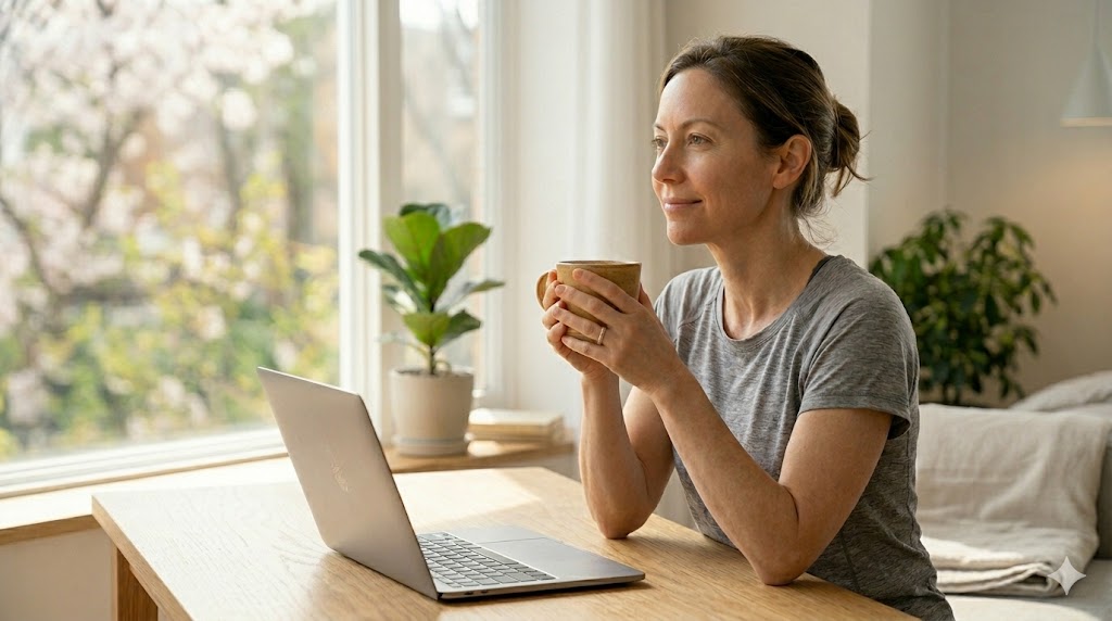 "노트북 작업 중 따뜻한 찻잔을 손에 쥐고 창밖 먼 곳을 평온하게 응시하며 눈의 피로를 풀고 있는 여성의 모습. 20-20-20 법칙을 실천하며 눈 근육을 이완시키는 건강한 디지털 습관을 담은 실사 이미지."