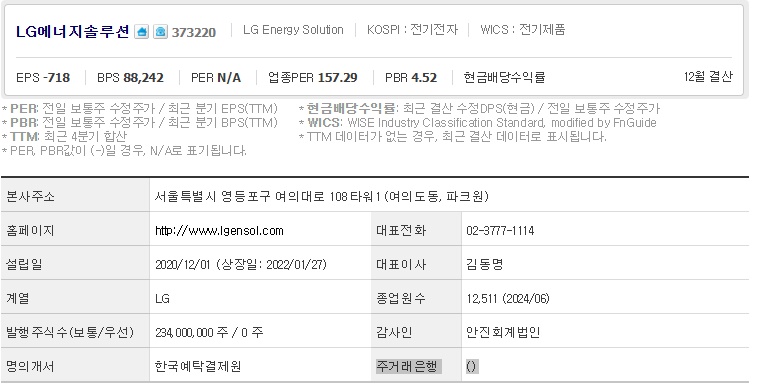 LG에너지솔루션 주가 기업개요 (1111)