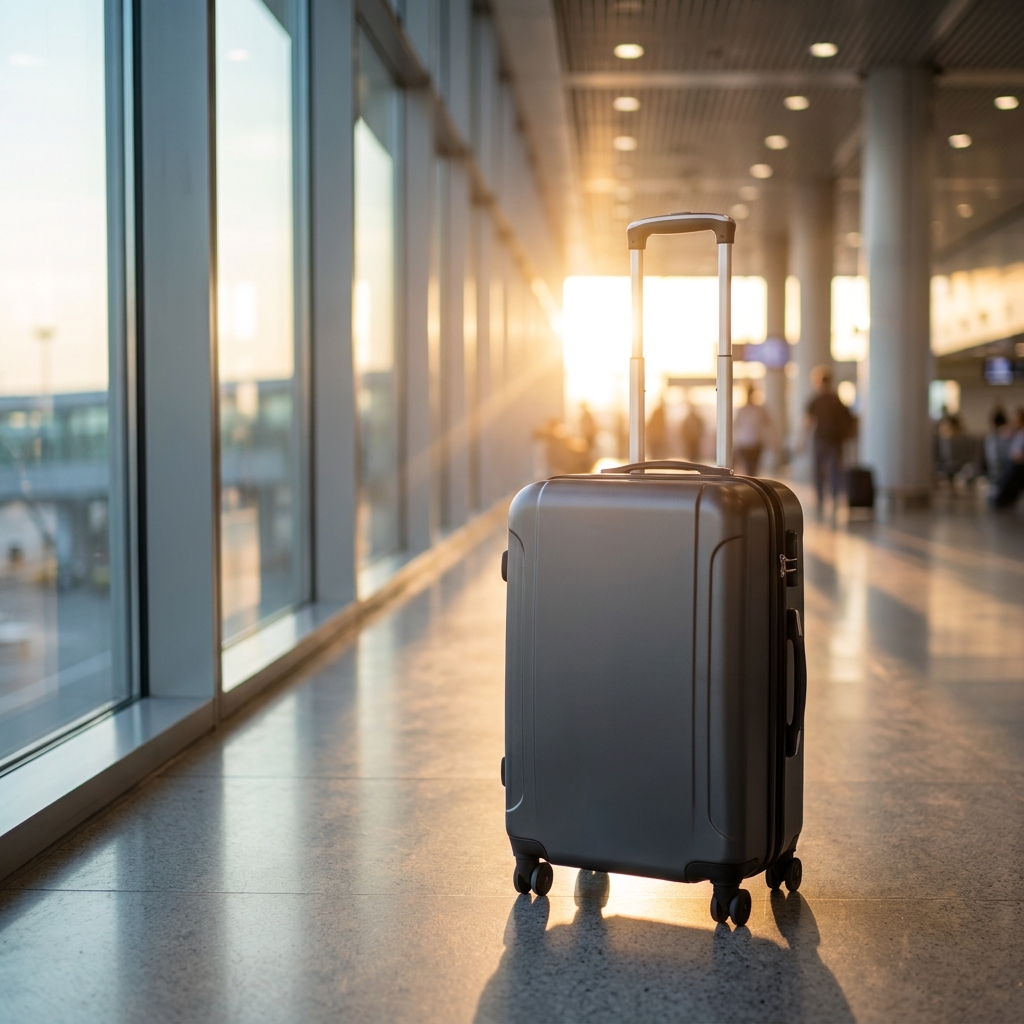 현대적인 공항 터미널 내부의 대형 유리창 옆에 서 있는 세련되고 미니멀한 디자인의 프리미엄 하드 여행캐리어. 은은한 광택이 도는 표면 질감이 살아있으며 대형 통유리창을 통해 들어오는 황금빛 햇살이 캐리어의 실루엣을 부드럽게 강조함. 배경은 고급스러운 공항 라운지가 살짝 아웃포커싱되어 있으며 전반적으로 설레고 고급스러운 여행의 분위기를 풍기는 8k 초고해상도 사진.