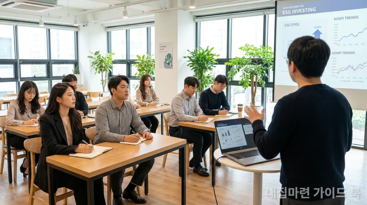 금융 세미나에서 강사의 설명을 듣고 있는 한국인 젊은 직장인들