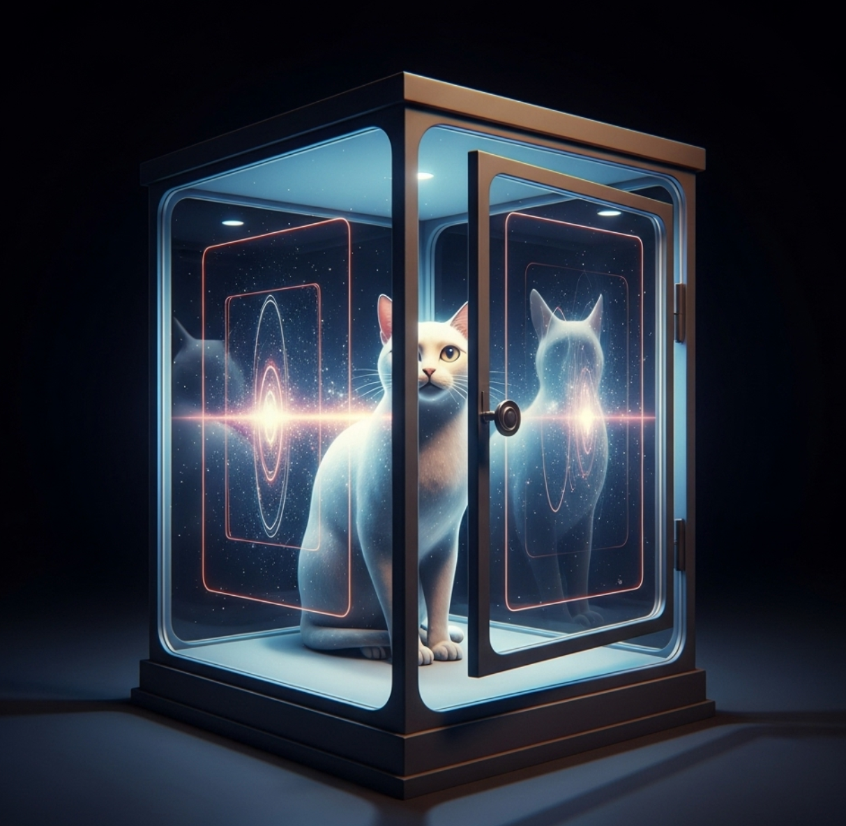 관측하기 전까지 존재하는지 아닌지 알 수 없다는 슈뢰딩거의 고양이를 나타내는 이미지