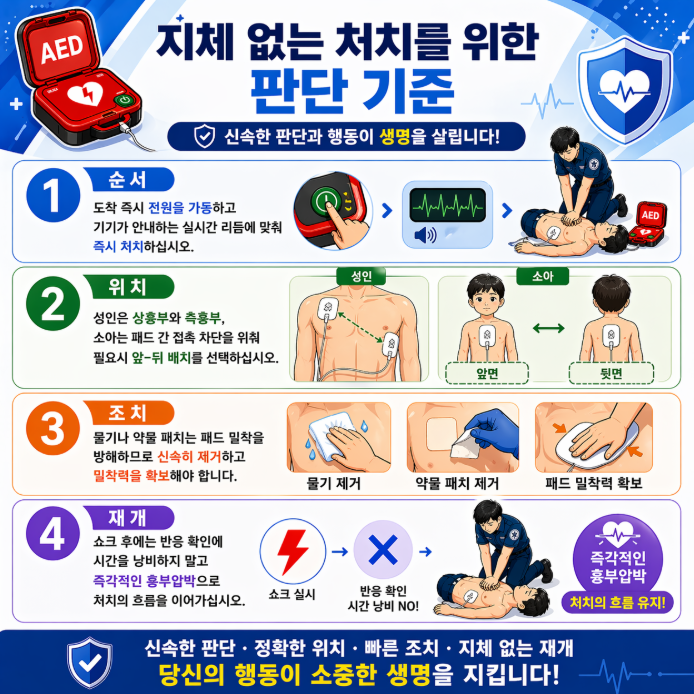 지체 없는 AED 처치를 위한 판단 기준과 핵심 행동 요약 이미지