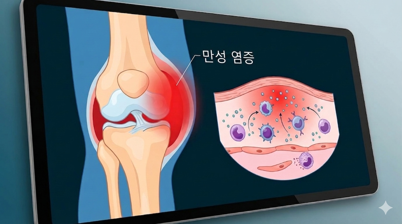 무릎 관절의 만성 염증 발생 원리와 세포 내 염증 반응을 보여주는 의학 도표