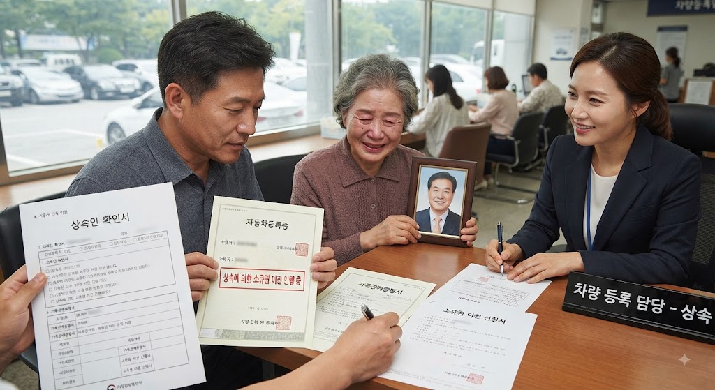 아버지 명의 자동차를 자녀에게 상속하는 모습