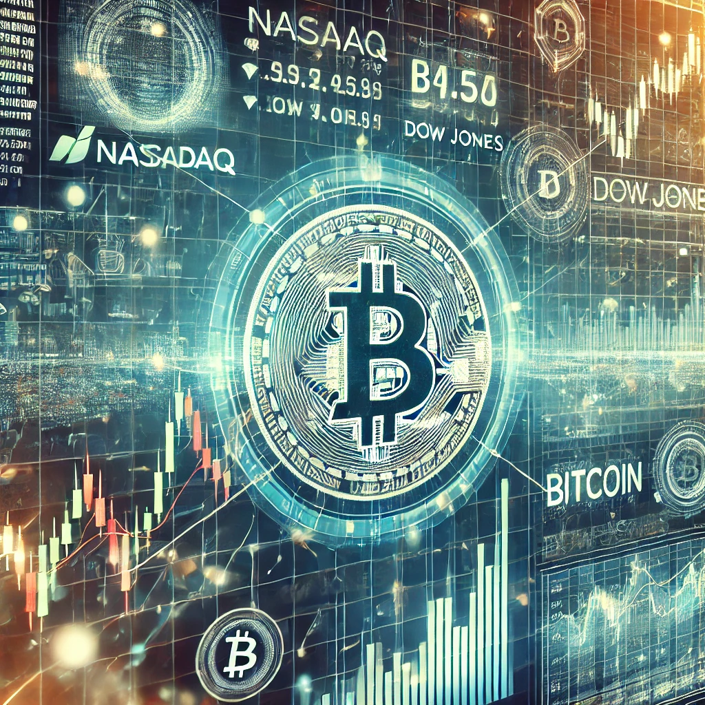 나스닥, 다우, 비트코인 간의 상관 관계 분석과 관련된 이미지
