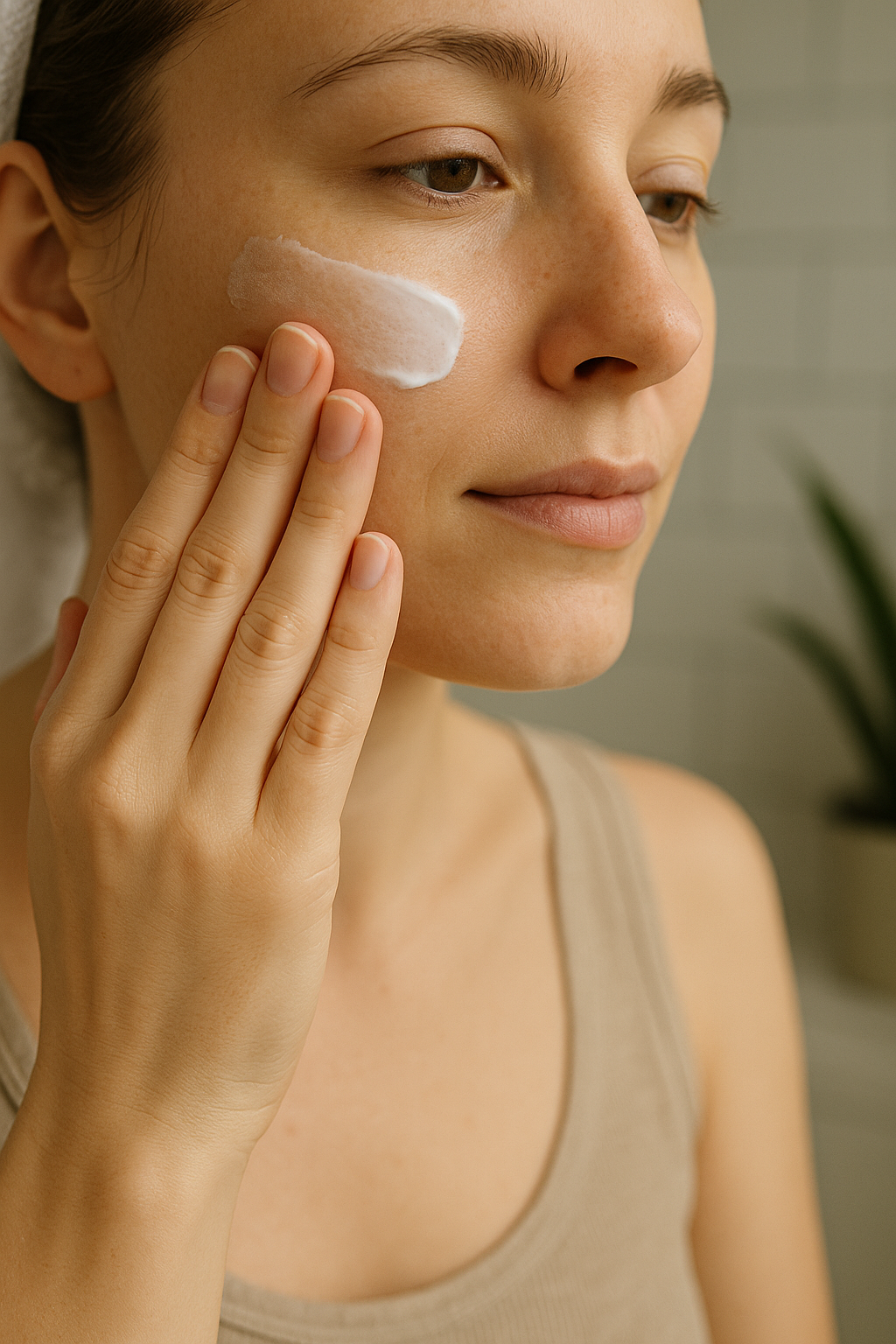 로션형 선크림을 볼에 얇게 펴 바르는 모습의 근접 사진