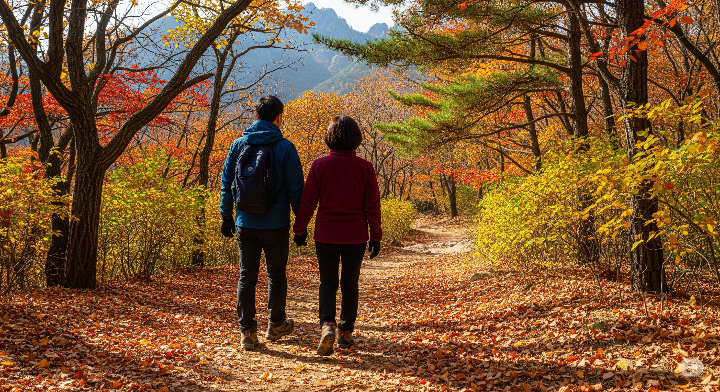 단풍이 가득한 북한산 둘레길을 걷고 있는 40대 부부의 뒷모습