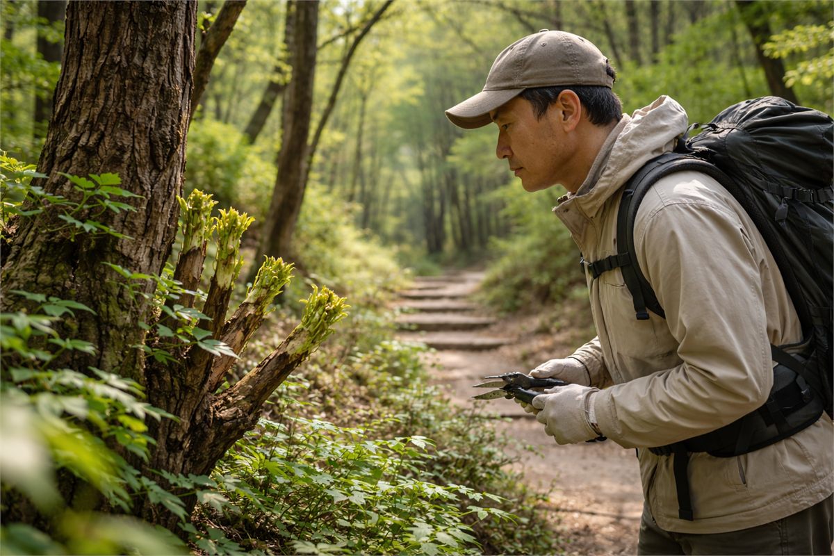 봄 산길에서 야생 산나물 채취 전 허가 여부를 확인하는 모습 