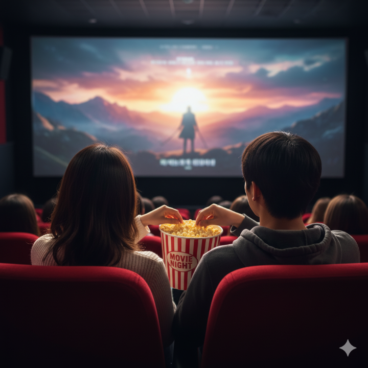 커플이 영화관에서 팝콘 먹는 이미지