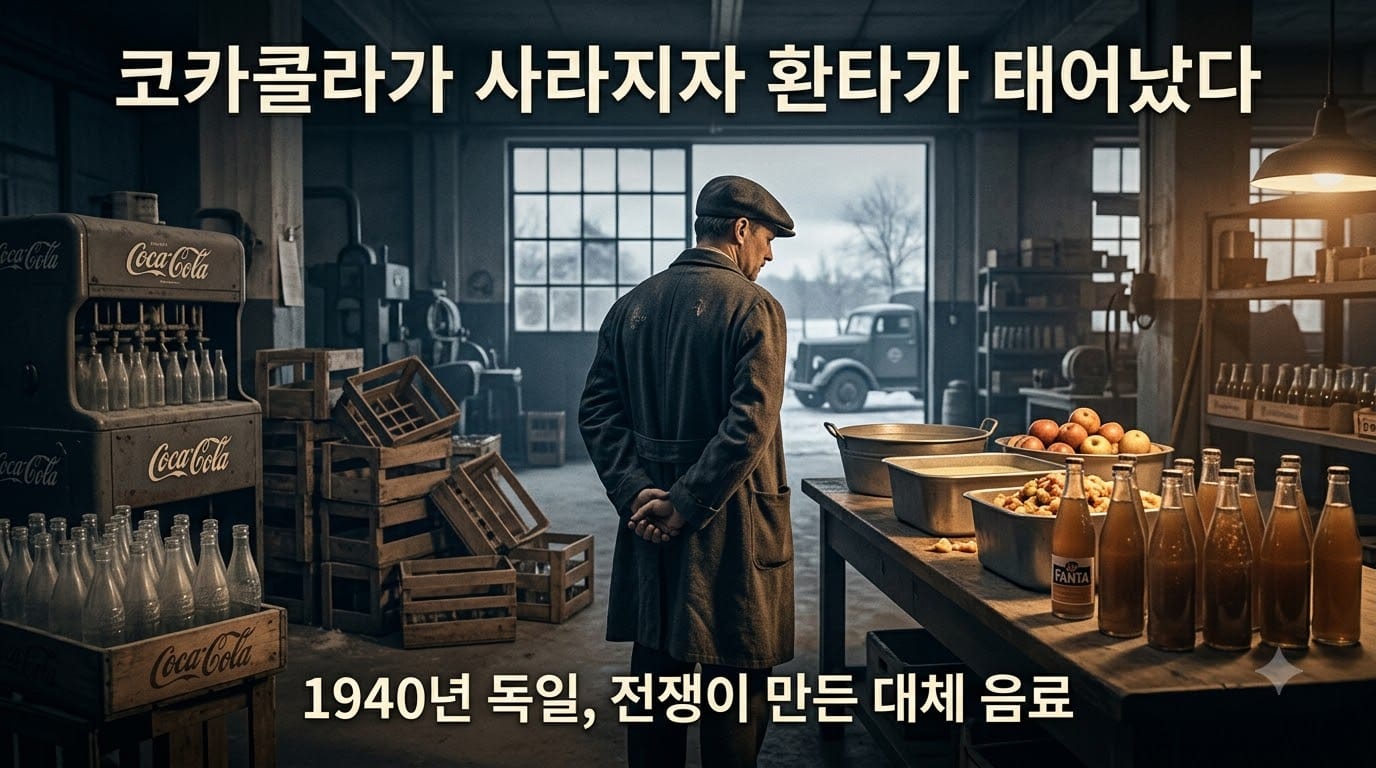 전쟁으로 원료 공급이 끊긴 1940년 독일 음료 공장에서 유청과 사과 부산물로 대체 음료를 개발하는 장면