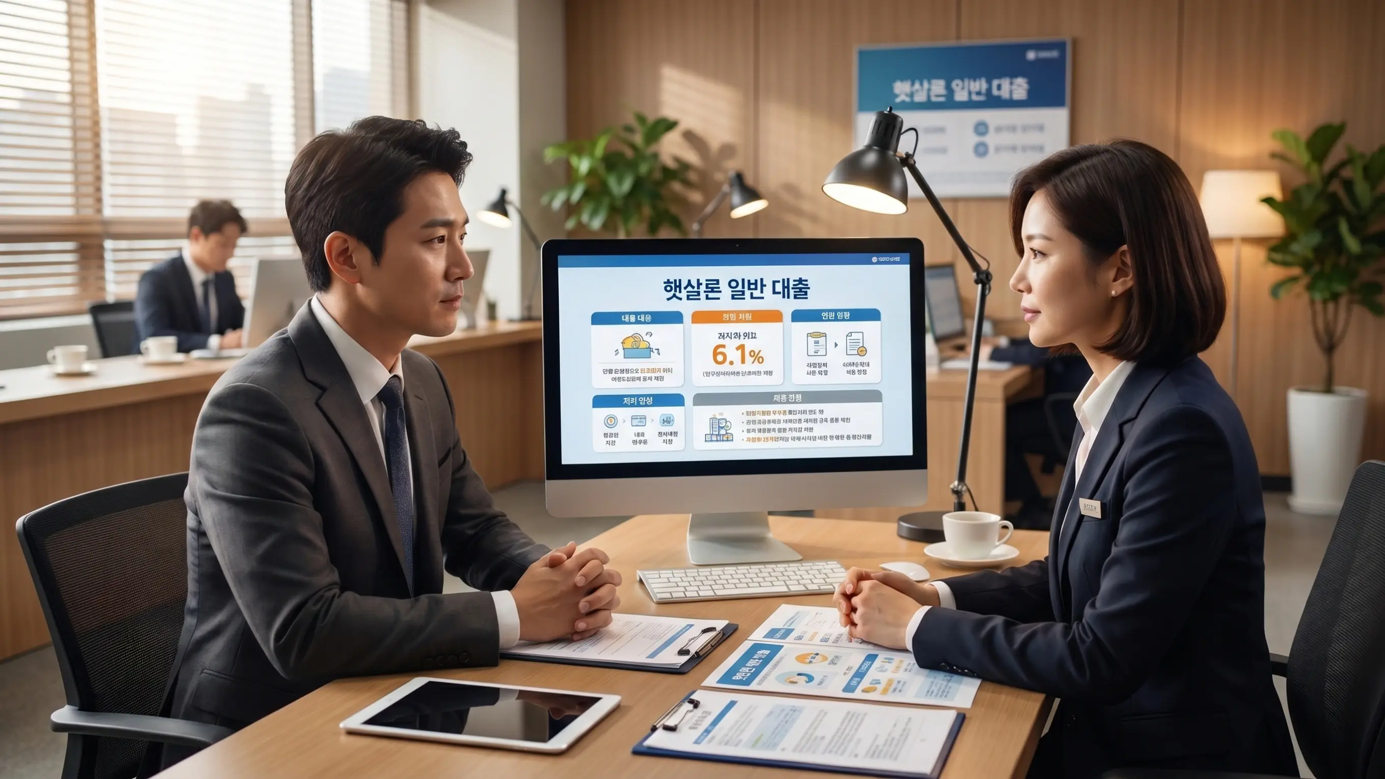 햇살론 일반 대출을 받기 위해 상담하고 있는 장면
