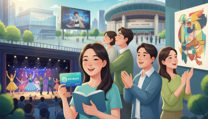 다채로운 문화생활을 즐기는 경기도민들의 모습. 공연 관람, 전시회 감상, 독서 등 다양한 문화 활동을 통해 2025년 문화생활 바우처가 제공하는 풍요로운 경험을 표현한 이미지.