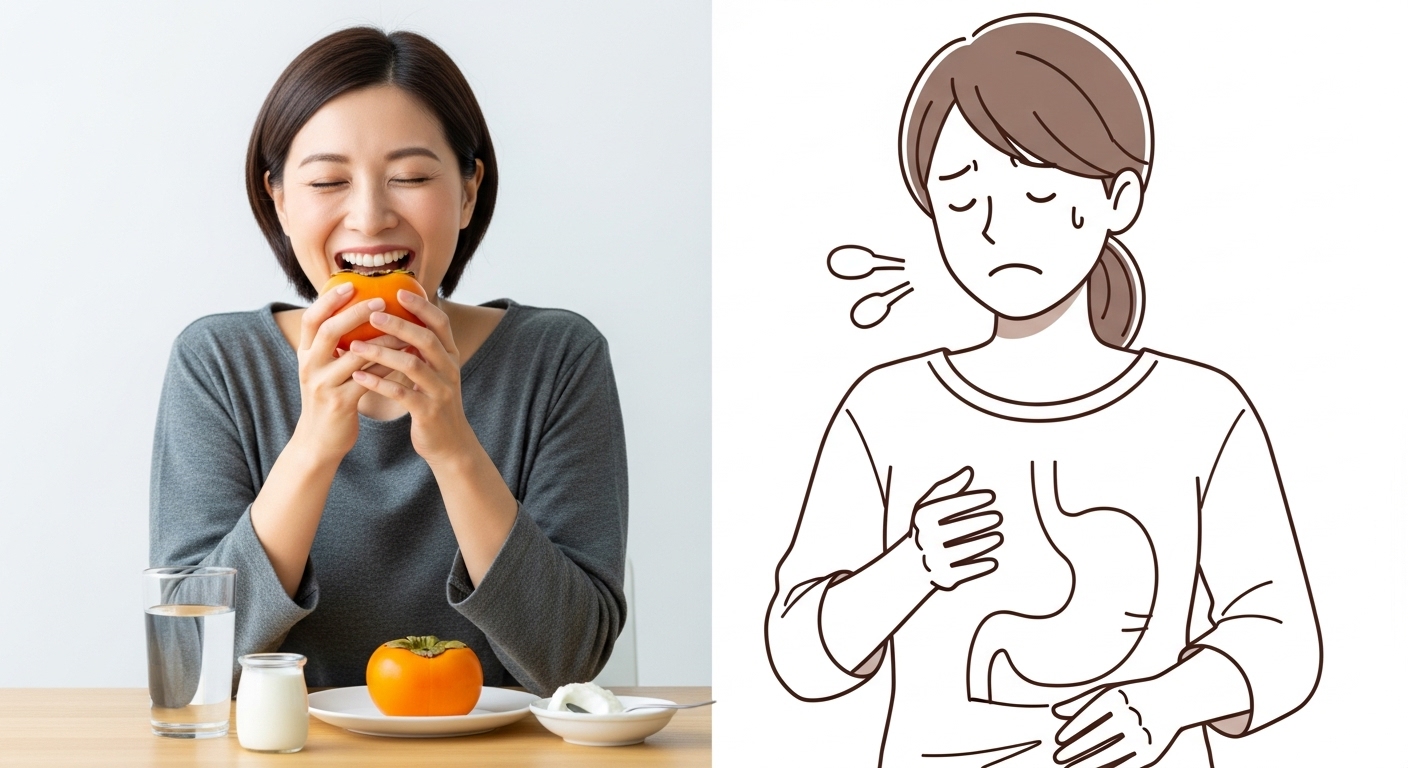 단감과 함께 물, 요거트를 섭취하여 건강하게 즐기는 모습과 부작용을 예방하는 지혜로운 섭취법을 나타내는 이미지.