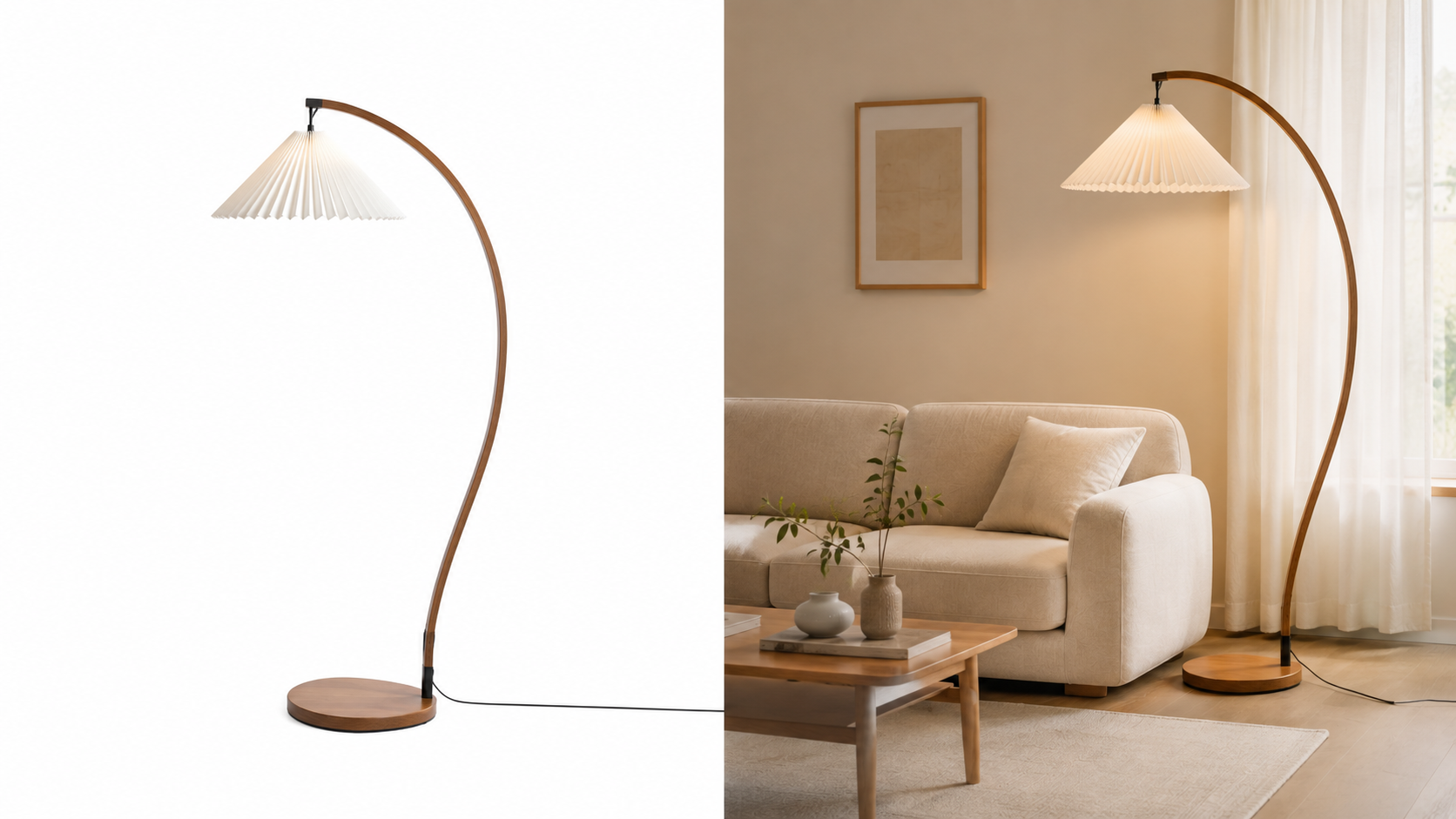 Comparison between a white-background product shot and a staged room image