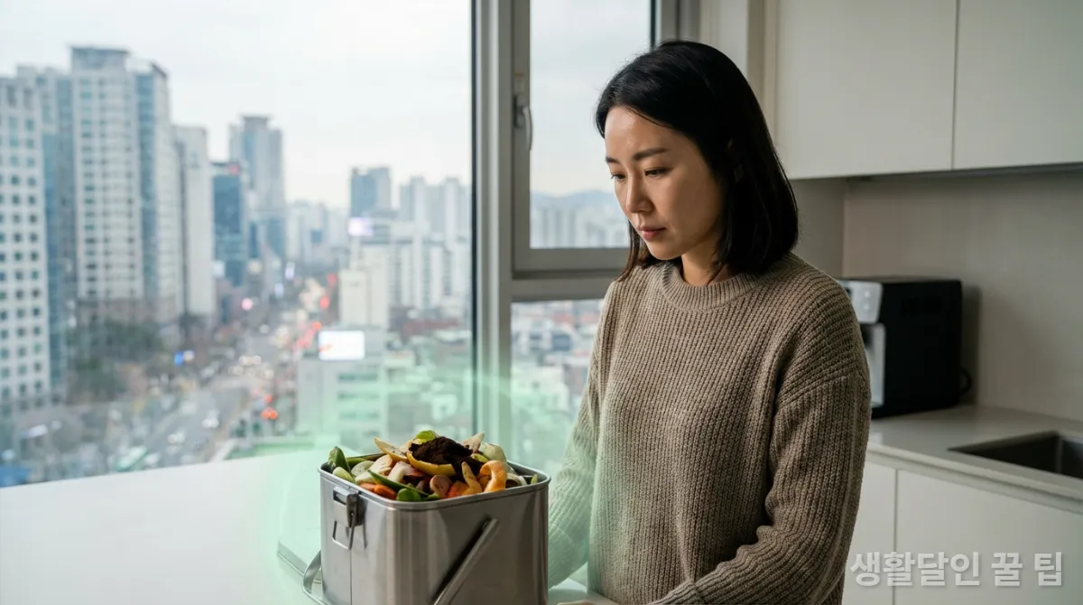 음식물 쓰레기 문제를 고민하는 한국 여성