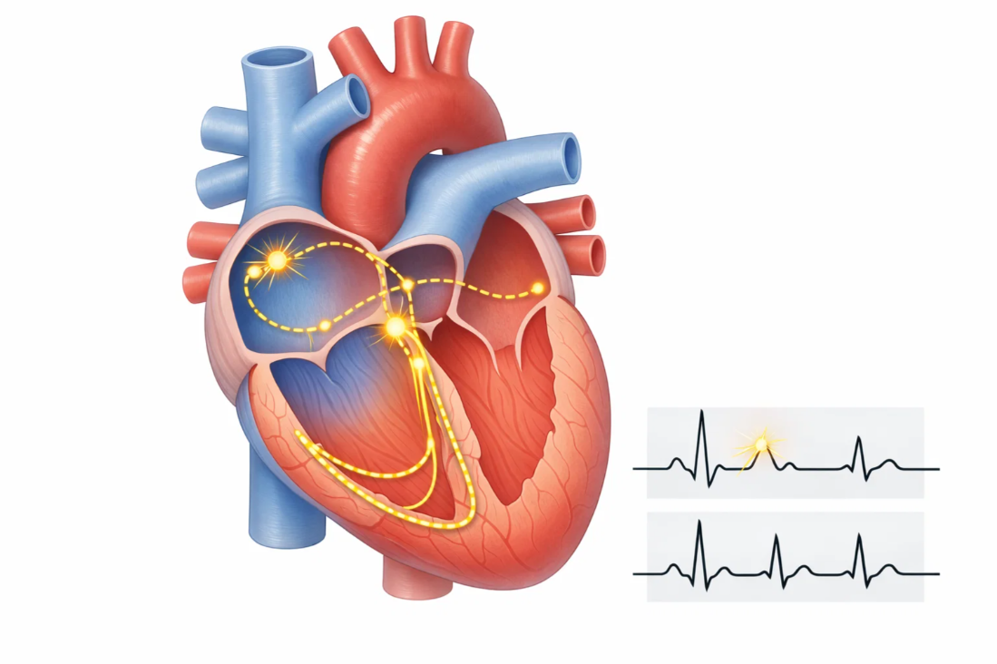 심장 전기 신호 흐름과 조기수축(PAC·PVC)이 발생하는 위치를 설명한 심장 구조 그림