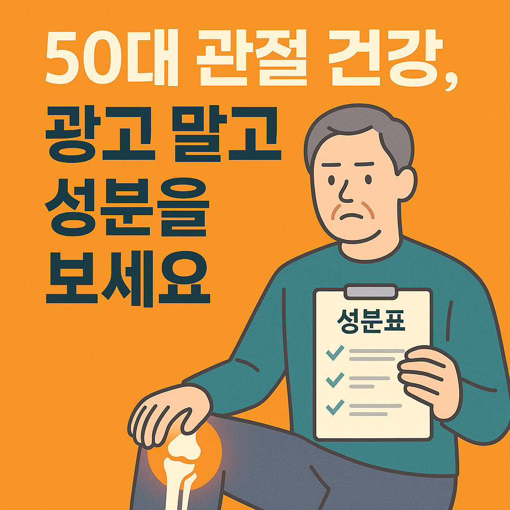 50대 관절 건강 정보를 전달하는 썸네일 이미지, 무릎 관절 삽화와 함께 성분표를 들고 있는 중년 남성 일러스트, &lsquo;광고 말고 성분을 보세요&rsquo;라는 강조 문구 포함