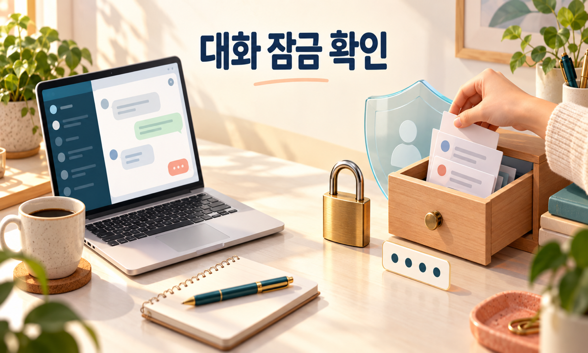 대화 문서를 잠금 서랍에 넣고 PIN 패널로 접근을 확인하는 노트북 일러스트
