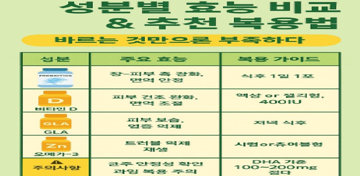 아기 피부 건강에 도움 되는 성분들의 효능과 복용 가이드를 비교한 표 형태의 인포그래픽