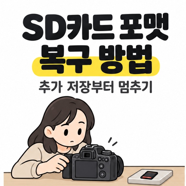 SD카드 포맷 복구 방법과 추가 저장부터 멈추기 문구 아래 사용자가 꺼진 카메라와 받침 위 SD카드를 살펴보는 모습