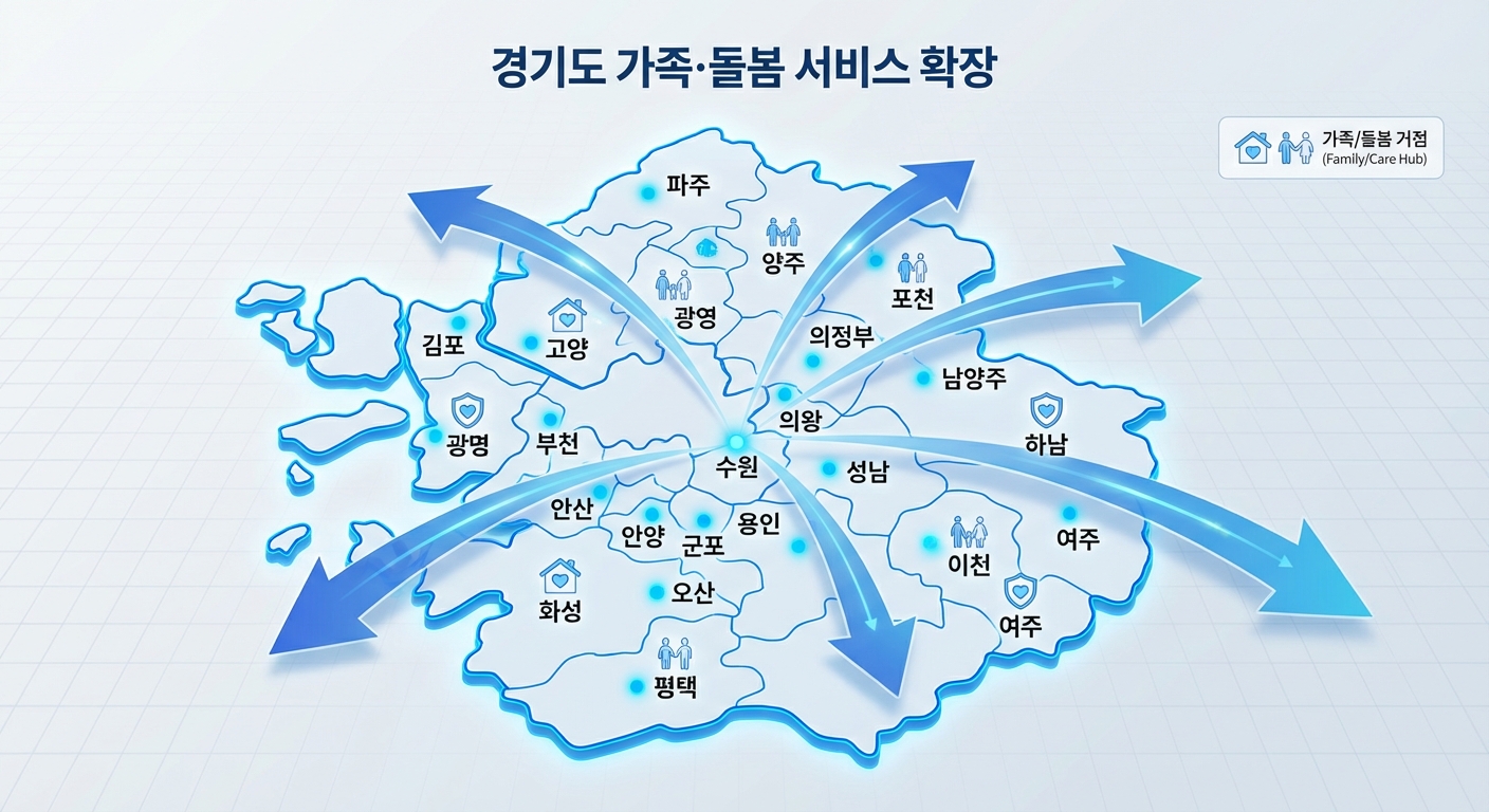 경기도 내 26개 시군이 밝은 색상으로 강조된 지도형 인포그래픽, 가족돌봄수당 확대 지역을 시각적으로 보여줌.
