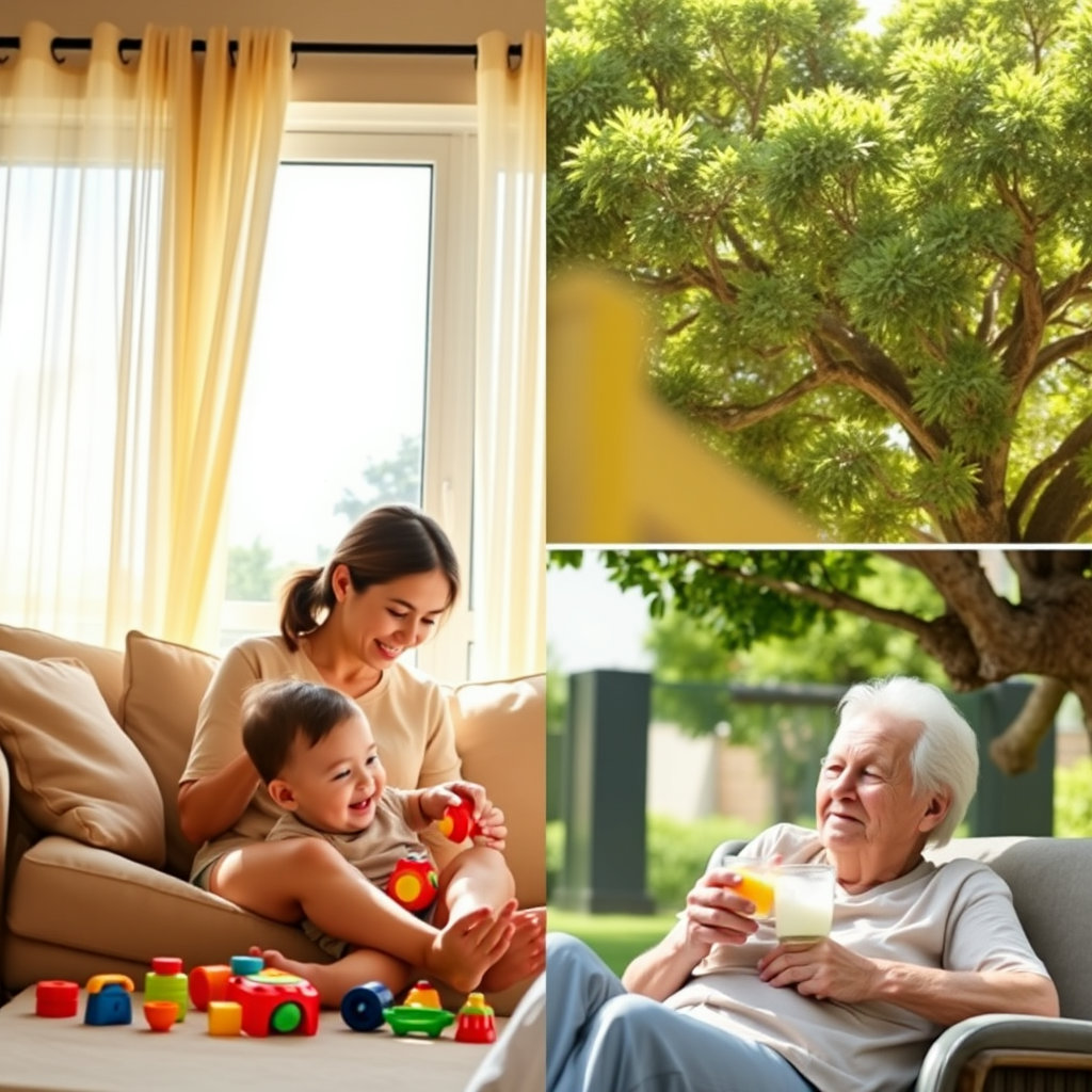 시원한 실내에서 부모나 보호자가 어린아이를 돌보거나, 노인분이 그늘에서 편안하게 휴식하는 모습을 그립니다. 따뜻하고 부드러운 색감으로 보호와 안정감을 표현합니다.