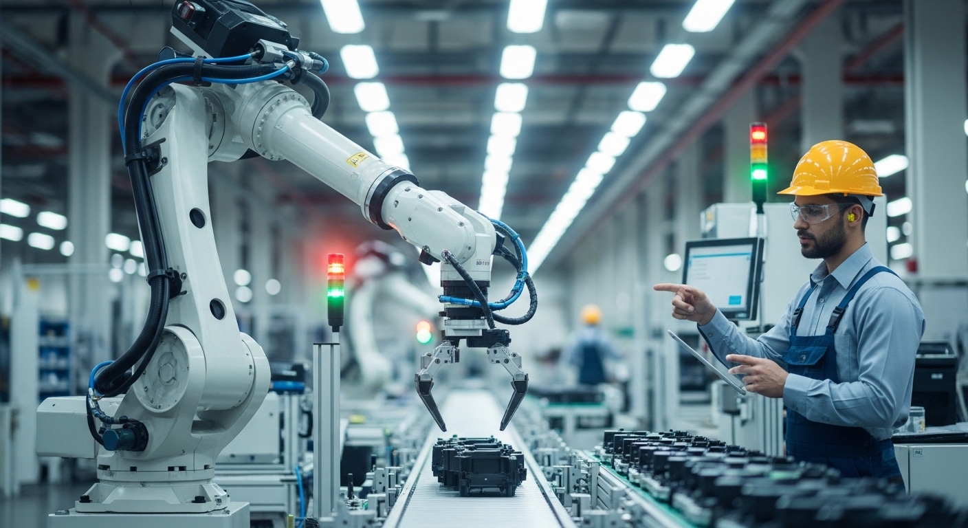 A robot hesitating on a factory line, then resuming work after a worker next to it gives instructions via a tablet.