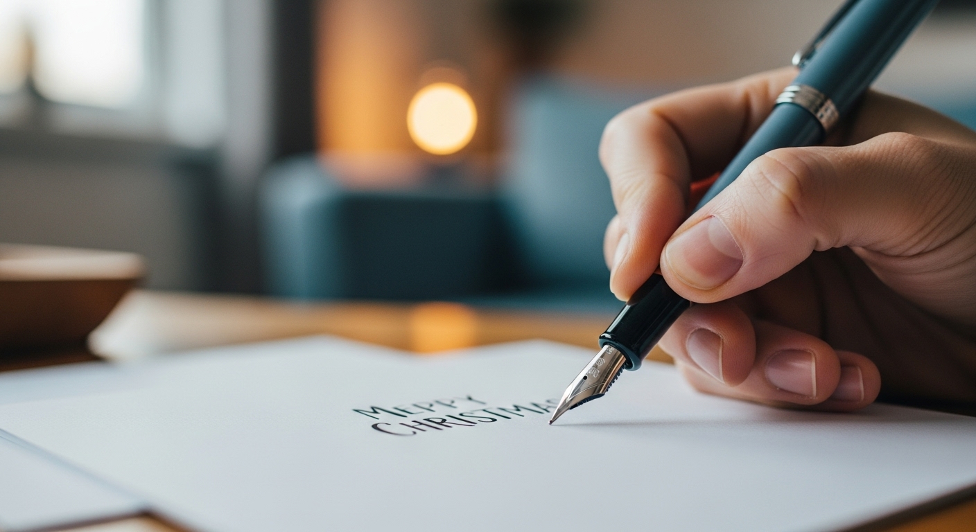 아름다운 만년필로 크리스마스 카드에 손글씨를 쓰는 모습.