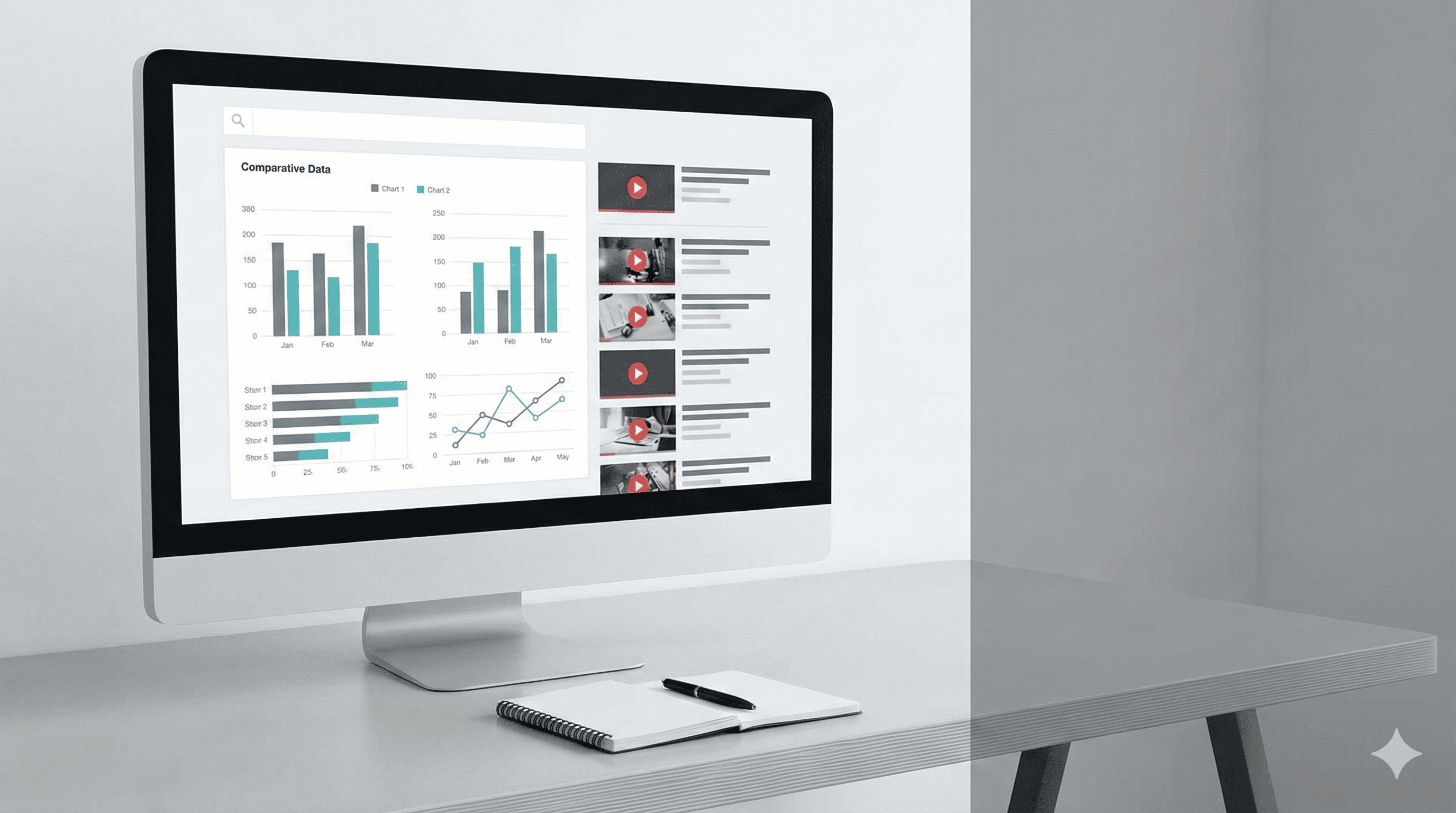 넓은 모니터 화면에 띄워진 영상 모델 비교 데이터와 그래프가 주는 신뢰감 있고 체계적인 분석 현장의 느낌.