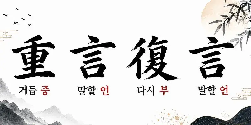 중언부언(重言復言) 한자와 거듭 중, 말할 언, 다시 부, 말할 언의 뜻을 전통 수묵화 스타일로 표현한 이미지