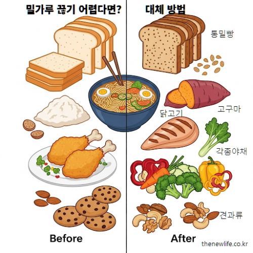 밀가루 음식과 그 대체 식품 비교 – 흰식빵, 라면, 튀김류 대신 통밀빵, 고구마, 채소, 닭가슴살 등으로 대체
