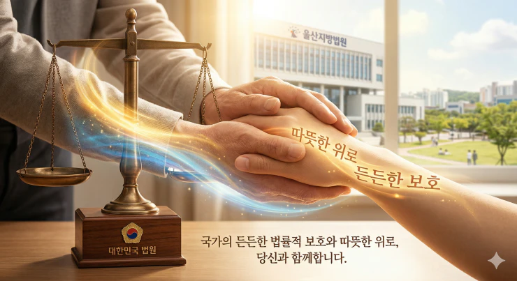 법원의 저울과 따뜻하게 포개진 두 손이 교차하는 이미지로, 국가의 든든한 법률적 보호와 위로를 상징