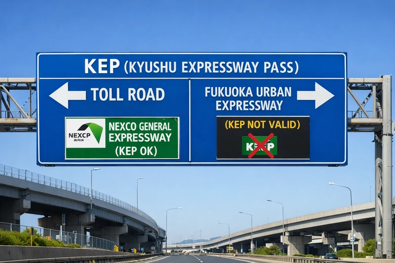 맑은 낮 하늘 아래 일본 고속도로 분기점에 설치된 대형 파란색 안내표지판을 정면에서 담은 이미지로, 왼쪽은 KEP 사용 가능인 NEXCO 일반 고속도로, 오른쪽은 KEP 사용 불가인 후쿠오카 도시고속도로로 나뉘는 구조를 시각적으로 보여준다.