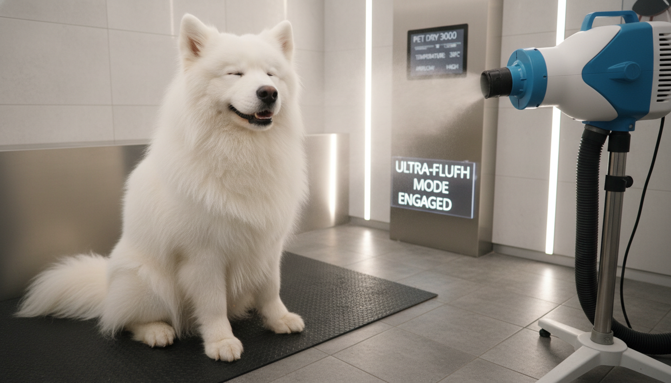 성능 좋은 에어탱크와 펫드라이룸으로 편안하고 빠르게 털을 말리고 있는 뽀송한 대형견