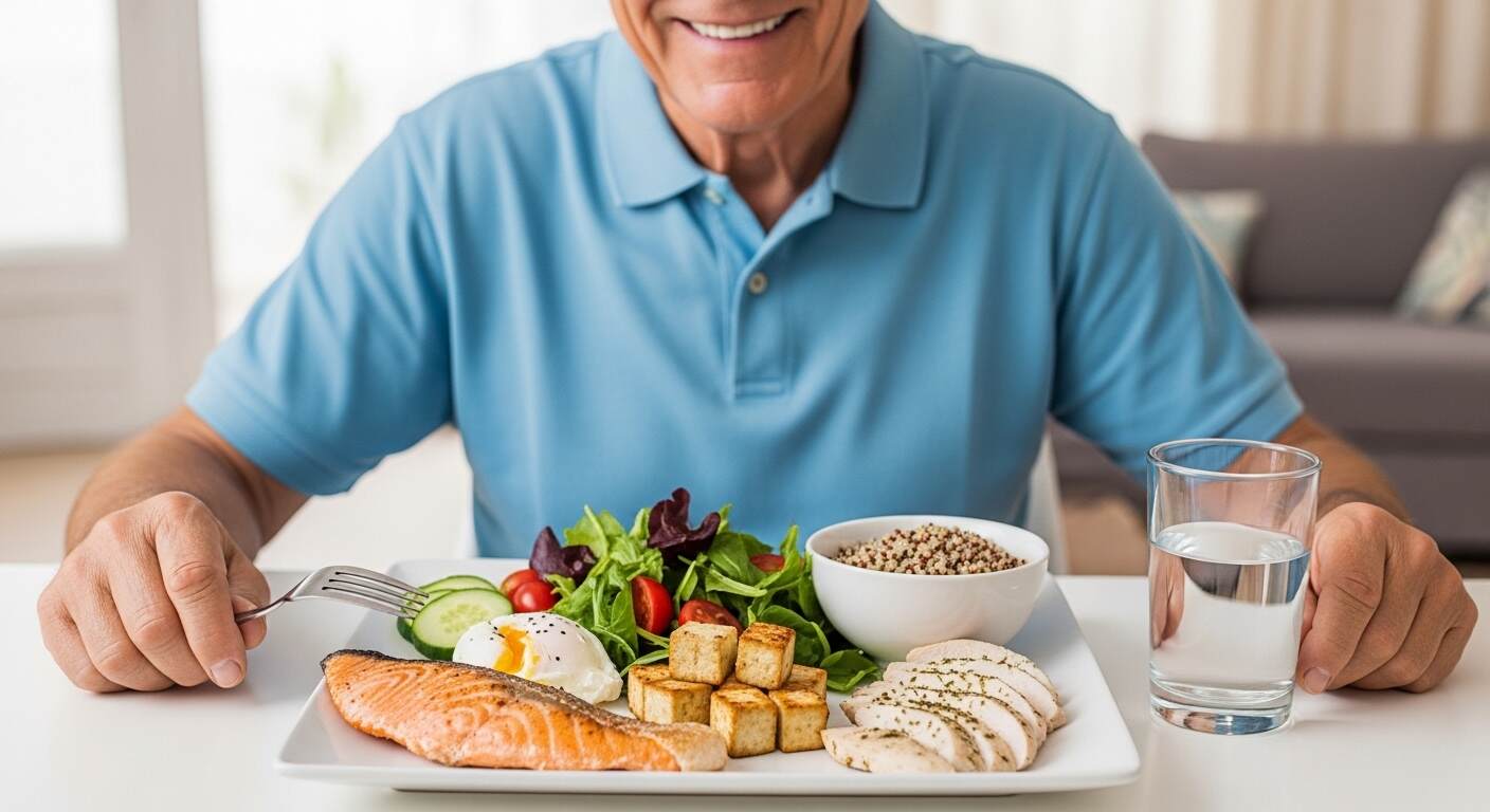 계란, 생선, 두부, 닭가슴살 등이 포함된 식단 건강하게 식사하는 시니어 모습