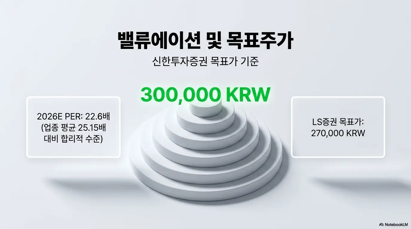티에스이 목표주가가 신한투자증권 기준 30만 원, LS증권 27만 원임을 단상 형태로 보여주는 이미지. 2026년 예상 PER 22.6배가 업종 평균 25.15배 대비 합리적 수준이라는 밸류에이션 분석을 시각화하며, 티에스이 주가 전망의 목표주가 근거를 설명함