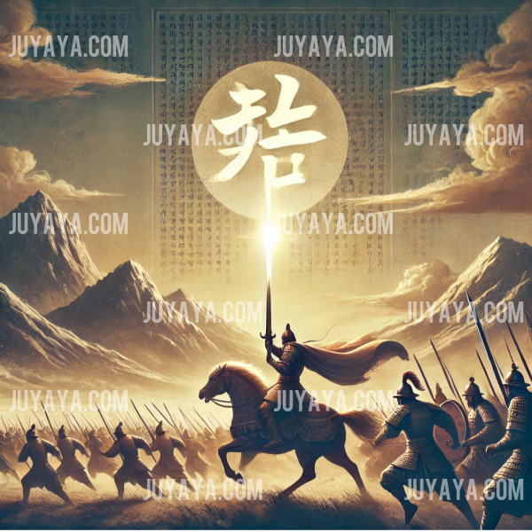 고대 전장에서 거궐을 든 전사가 싸우는 모습, 검이 역사의 한 장면을 이끄는 상징