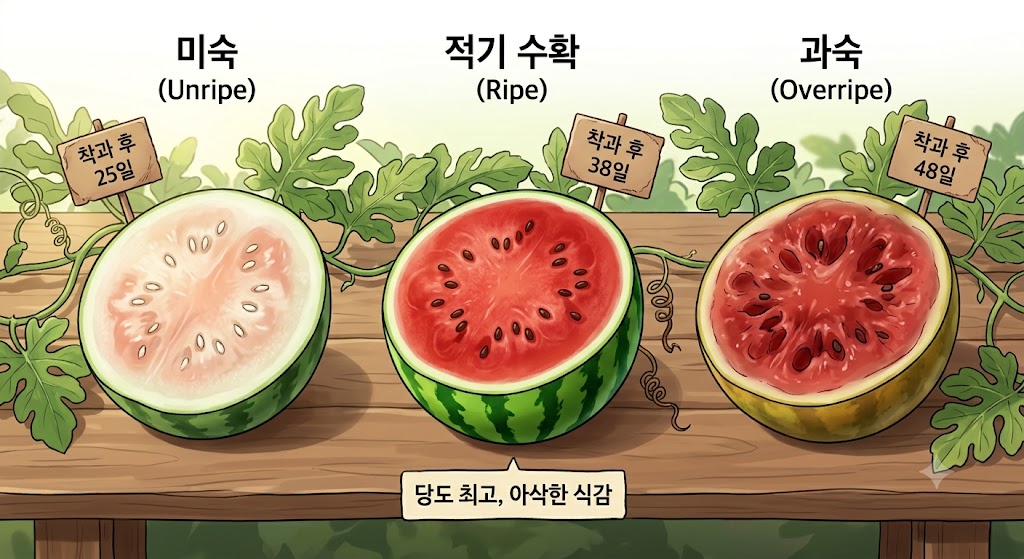 애플수박의 미숙과, 적기 완숙과, 과숙과의 단면을 비교하여 속 노란색과 붉은색 변화 및 씨앗 색상을 보여주는 설명 삽화
