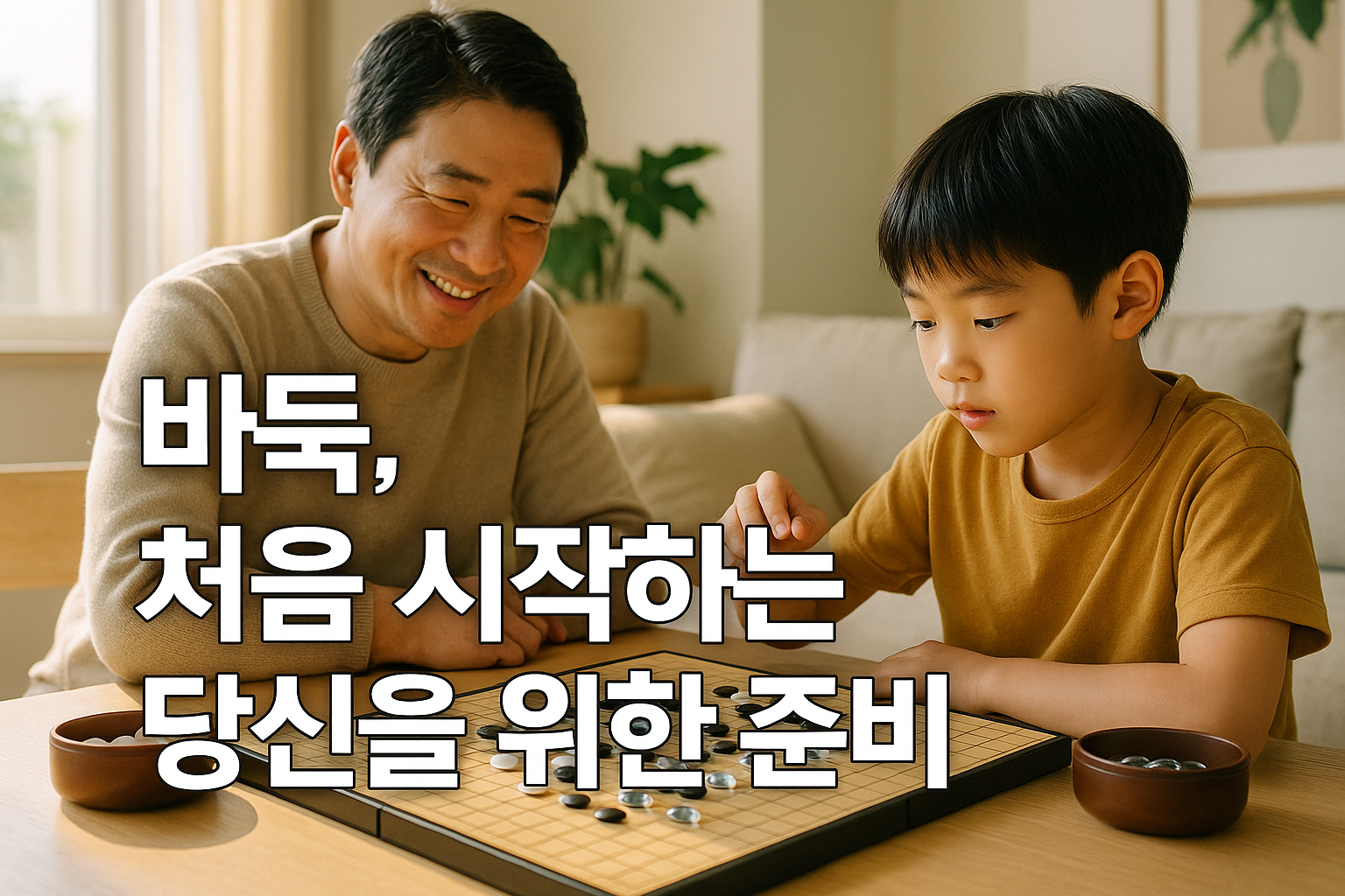 거실에서 아들과 바둑 두는 아버지