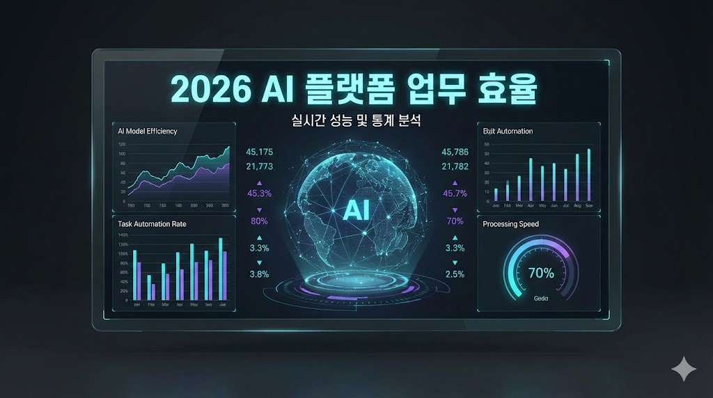 2026년 인공지능 플랫폼의 업무 효율 통계를 시각화한 미래형 비즈니스 대시보드 그래픽 디자인