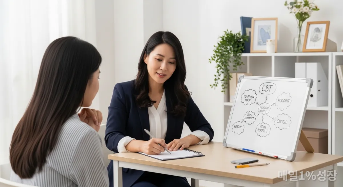 한국인 상담사와 내담자가 인지 행동 치료를 진행하는 모습