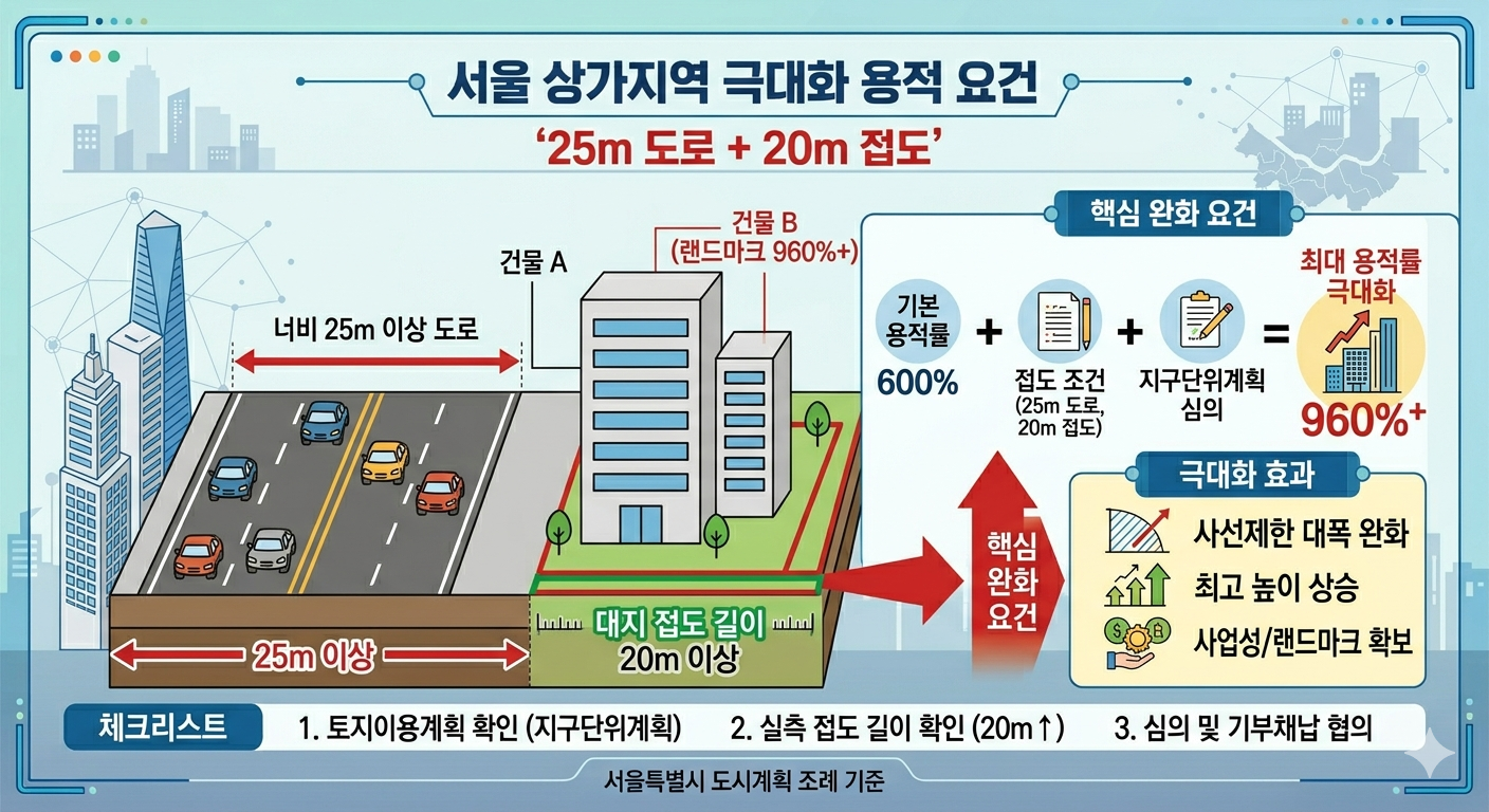 서울시 상업지역 용적률 극대화, 접도 조건의 비밀. 20m의 차이가 수십억을 결정!!
