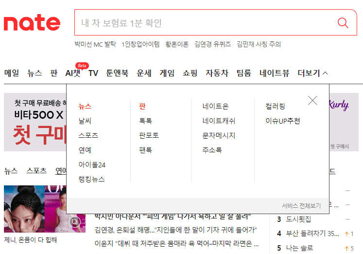 nate 사이트 - 메뉴